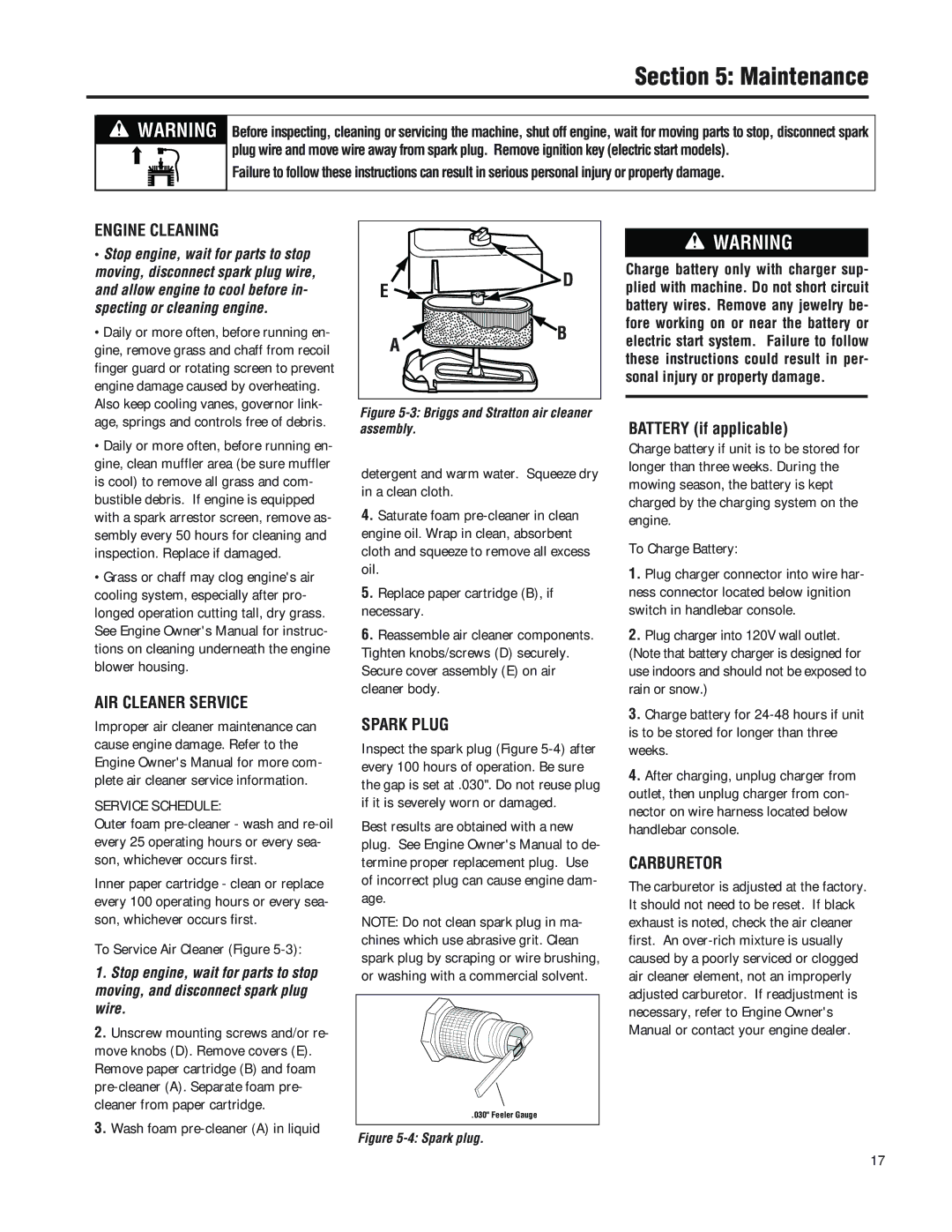 Troy-Bilt F753B manual Maintenance, Engine Cleaning, AIR Cleaner Service, Spark Plug, Carburetor 