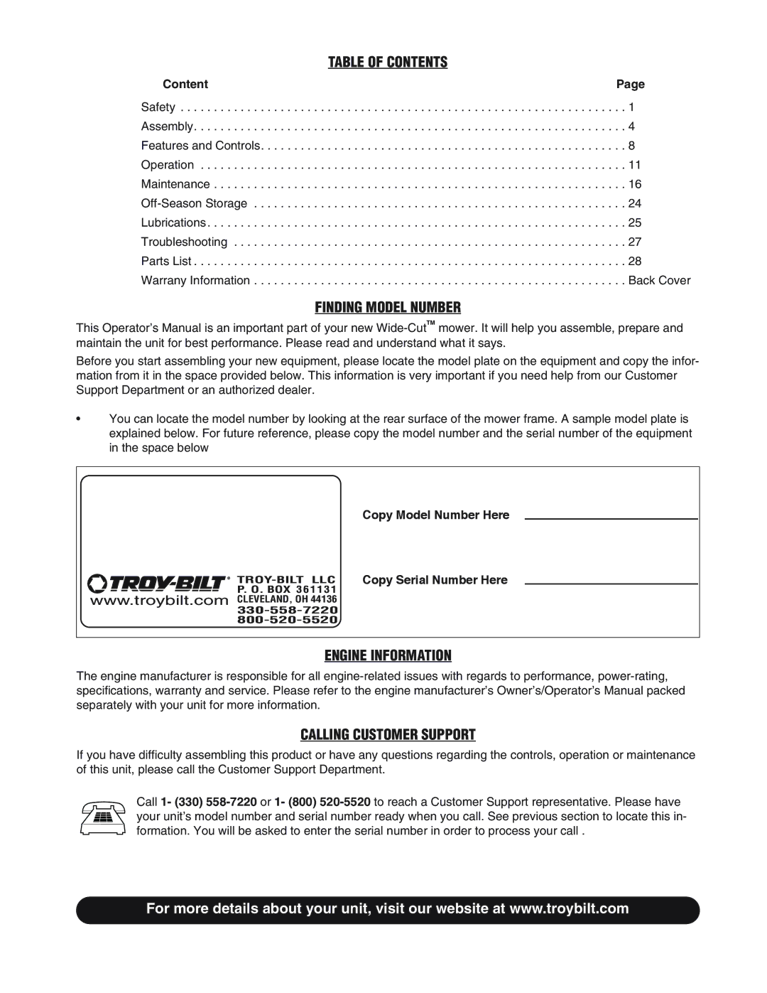 Troy-Bilt F753B manual Table of Contents, Finding Model Number, Engine Information, Calling Customer Support 