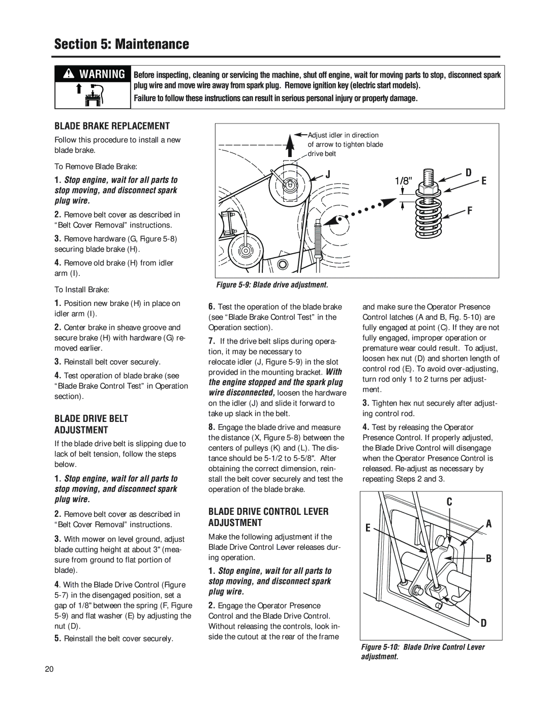 Troy-Bilt F753B manual Blade Brake Replacement, Blade Drive Belt, Blade Drive Control Lever Adjustment 