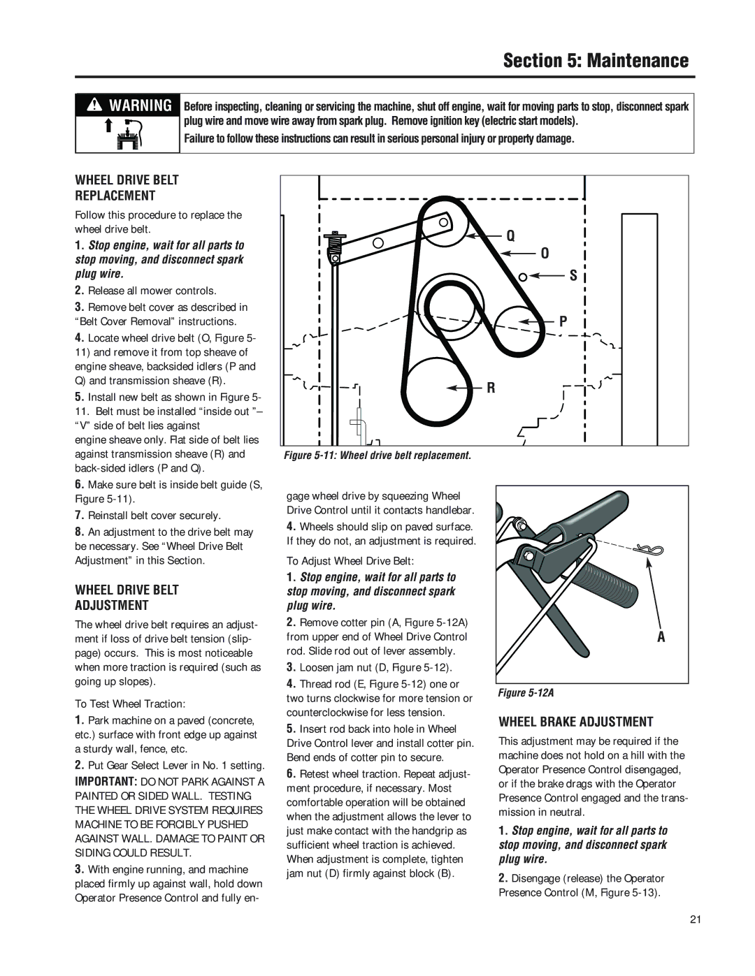 Troy-Bilt F753B manual Wheel Drive Belt Replacement, Wheel Drive Belt Adjustment, Wheel Brake Adjustment 