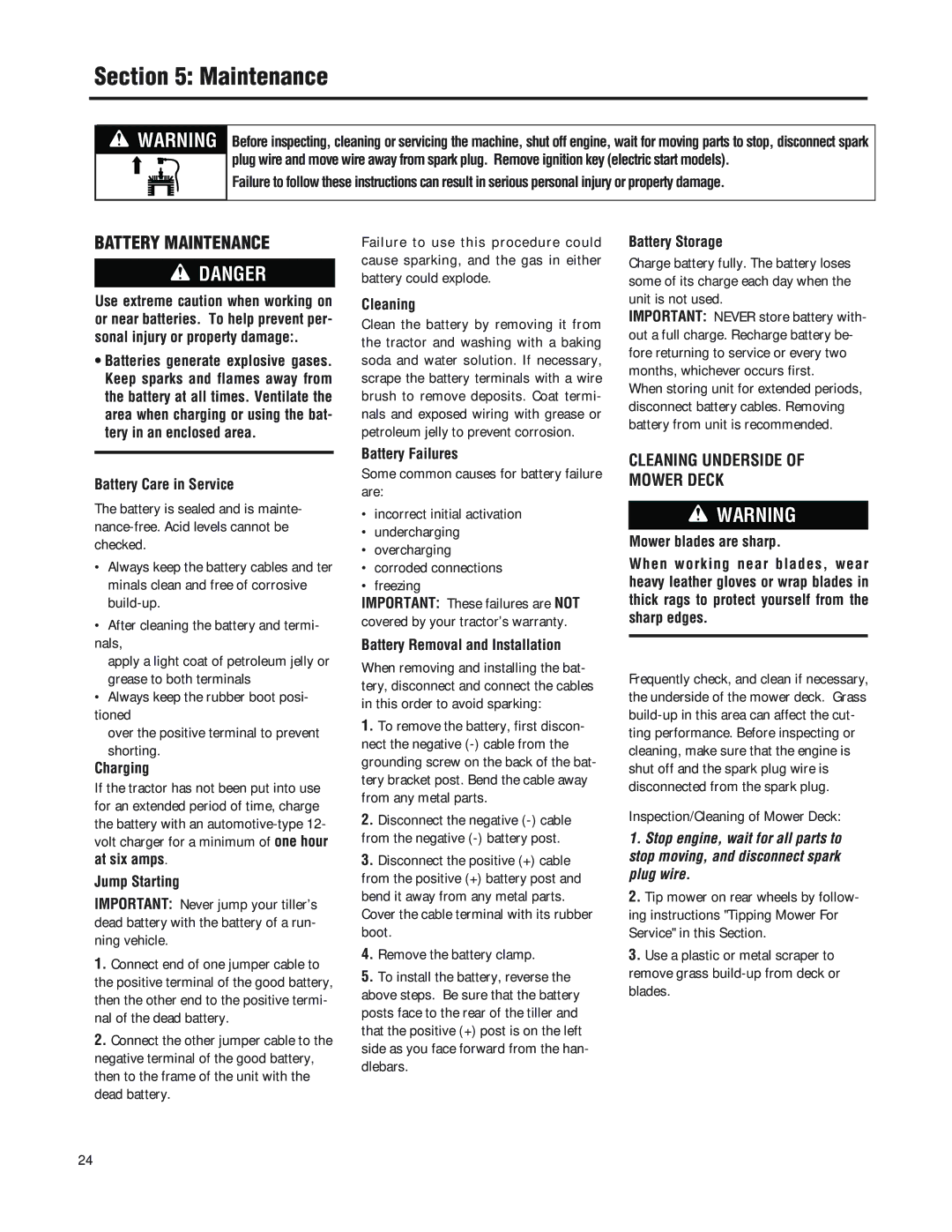 Troy-Bilt F753B manual Battery Maintenance, Cleaning Underside Mower Deck 