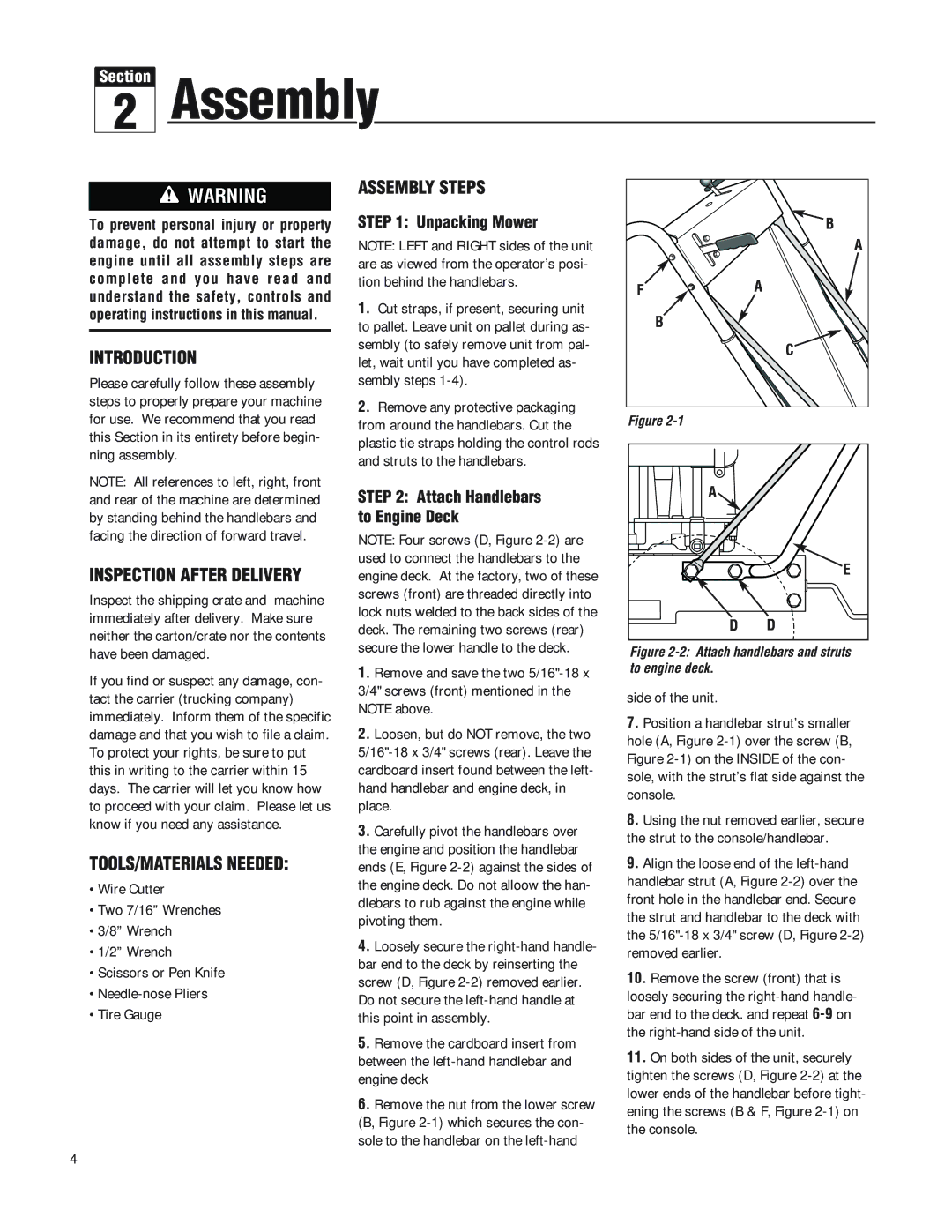 Troy-Bilt F753B manual Introduction, Inspection After Delivery, TOOLS/MATERIALS Needed, Assembly Steps, Unpacking Mower 