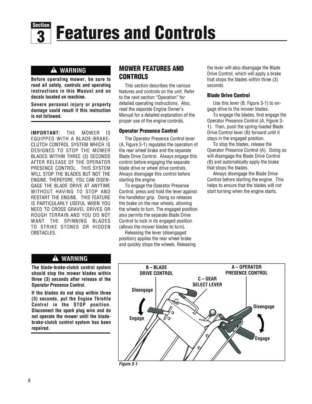 Troy-Bilt 753B, F753B manual Mower Features and Controls, Operator Presence Control, Blade Drive Control 