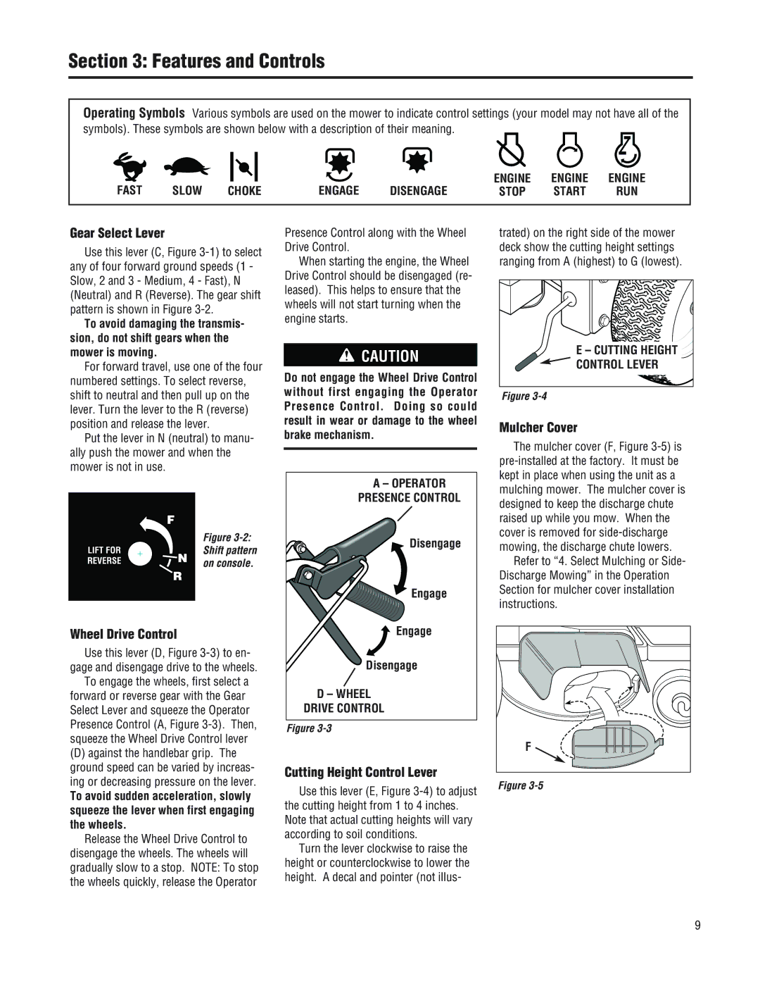 Troy-Bilt 753B, F753B manual Features and Controls, Gear Select Lever, Wheel Drive Control, Cutting Height Control Lever 