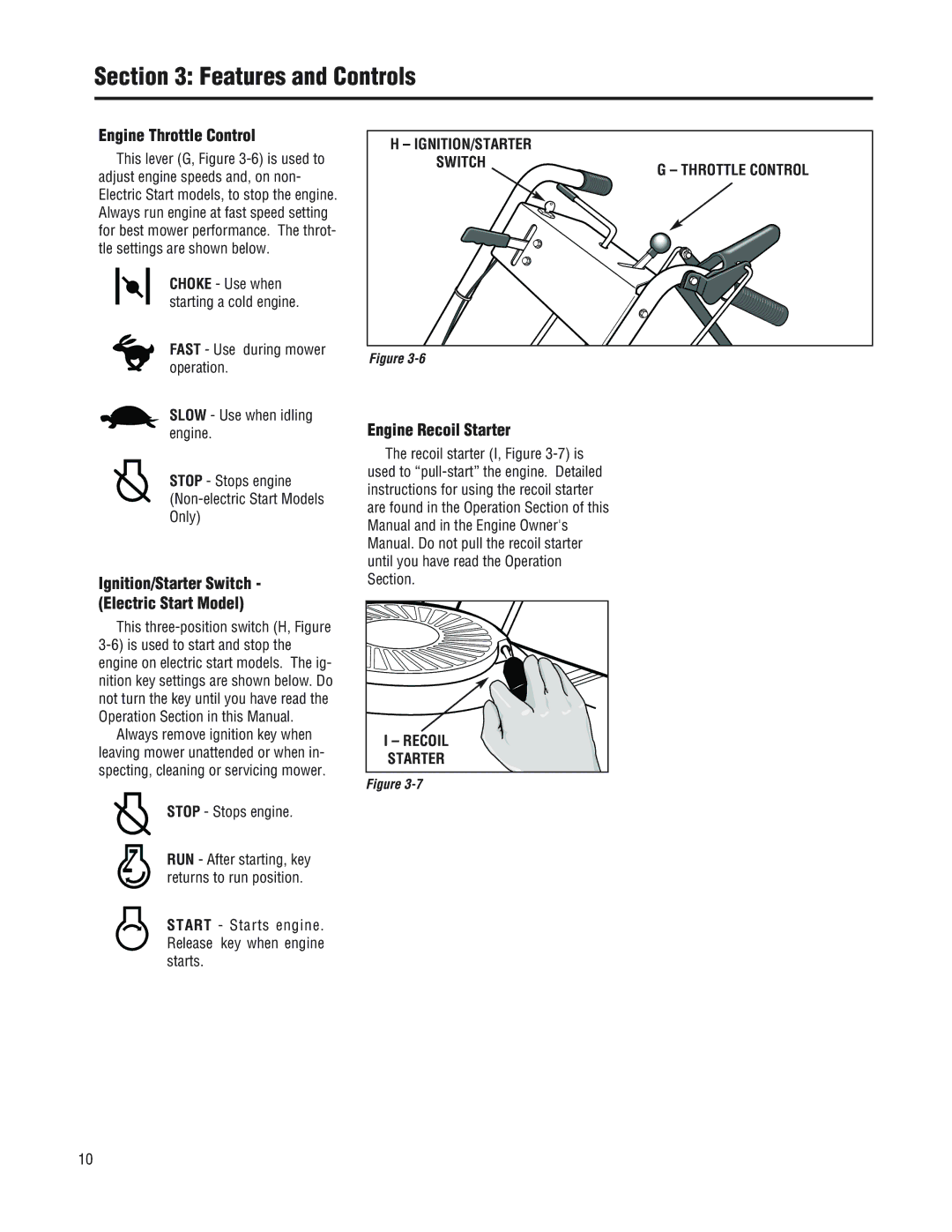 Troy-Bilt 753B, F753B manual Engine Throttle Control, Engine Recoil Starter, Ignition/Starter Switch Electric Start Model 