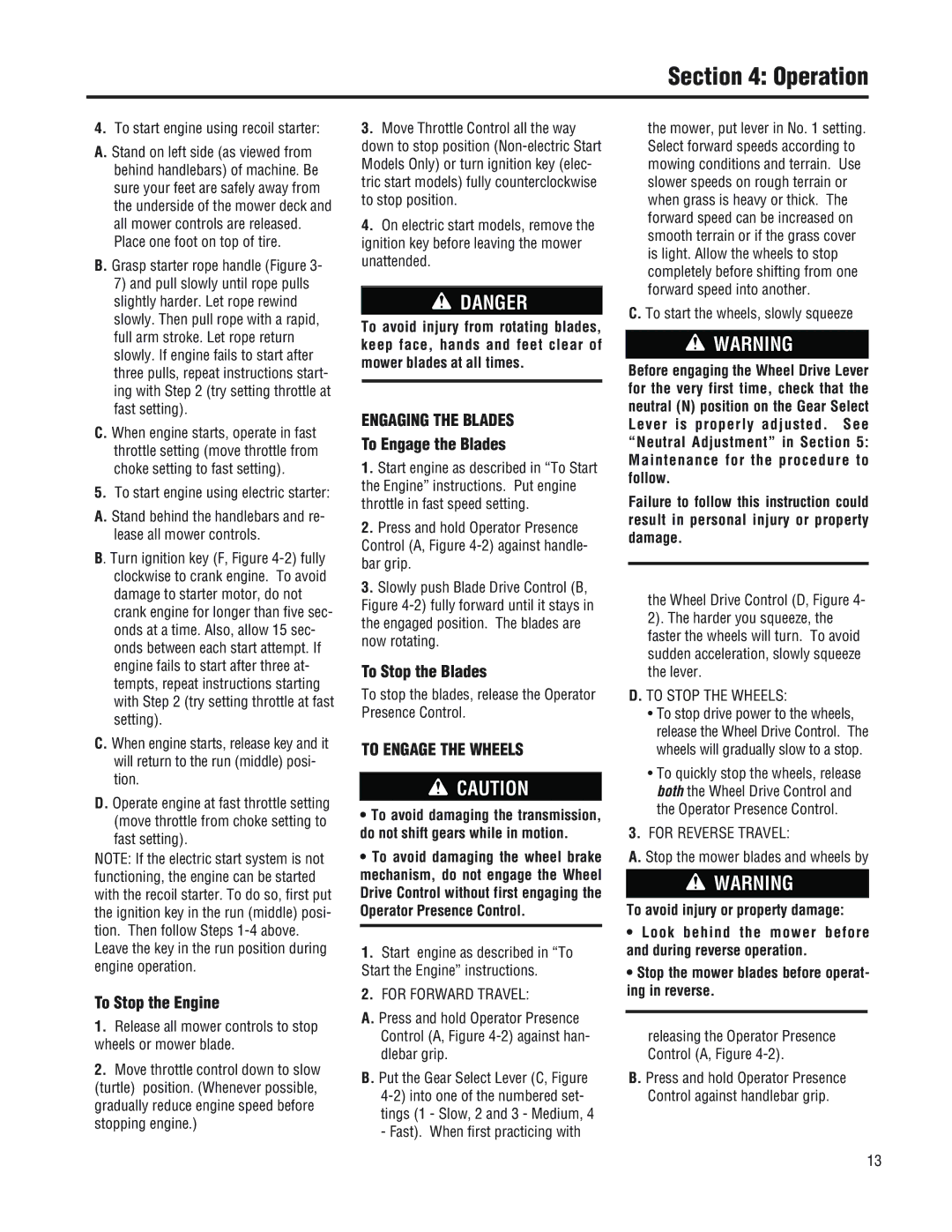 Troy-Bilt 753B, F753B manual To Stop the Engine, Engaging the Blades, To Engage the Blades, To Stop the Blades 