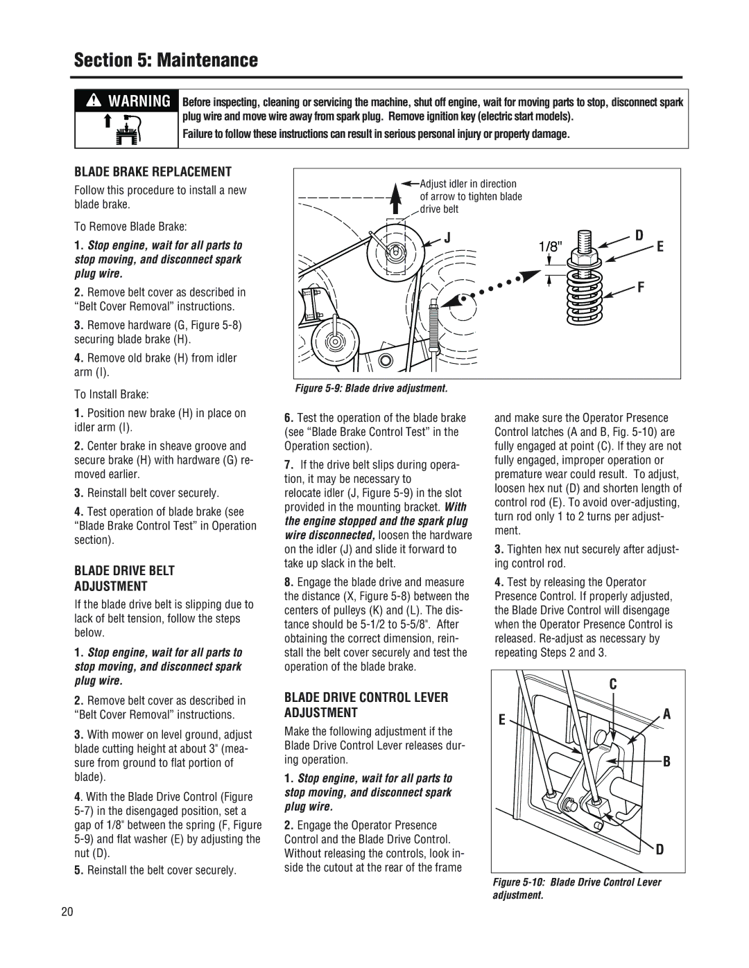 Troy-Bilt 753B, F753B manual Blade Brake Replacement, Blade Drive Belt, Blade Drive Control Lever Adjustment 