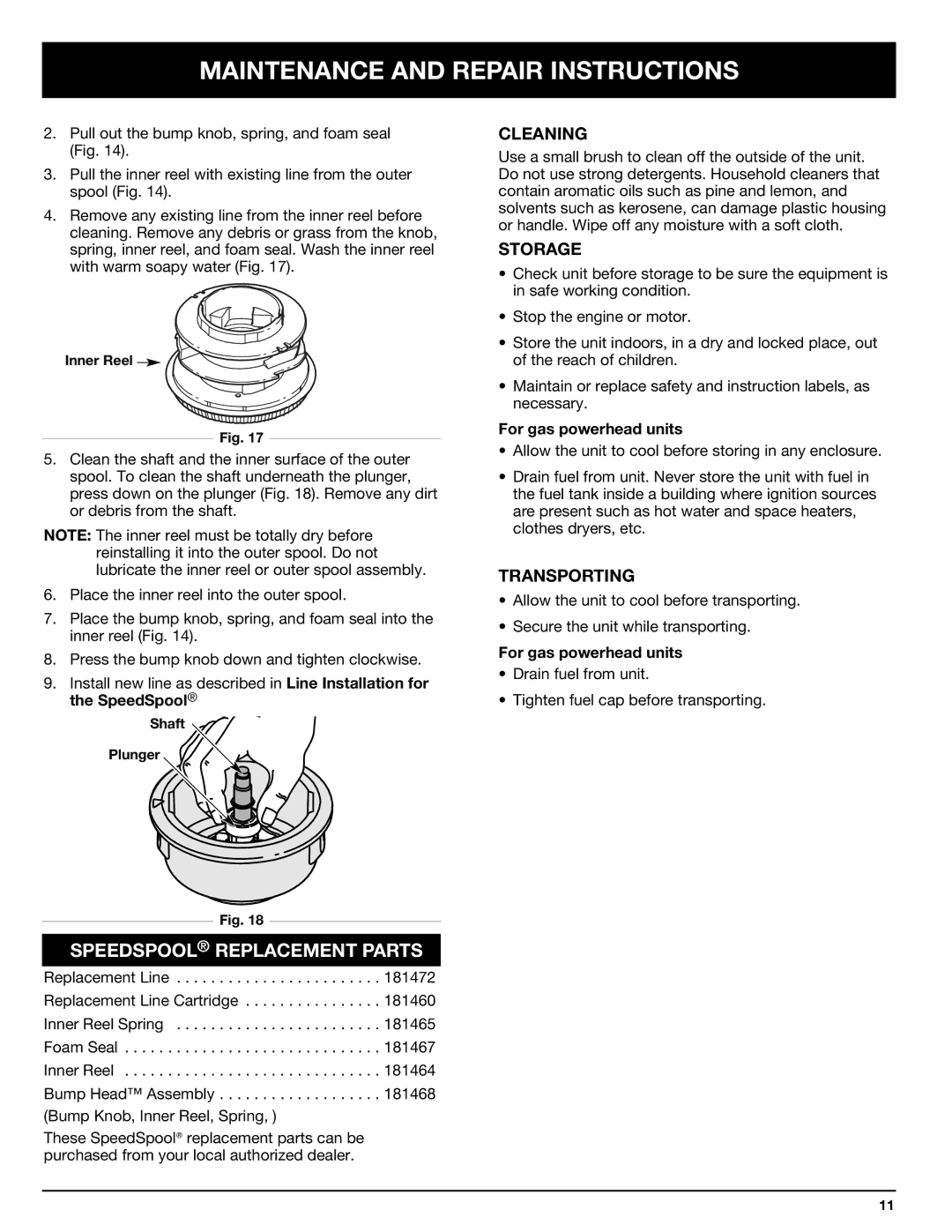 Troy-Bilt 769-00425A manual Speedspool Replacement Parts, Cleaning, Storage, Transporting, For gas powerhead units 