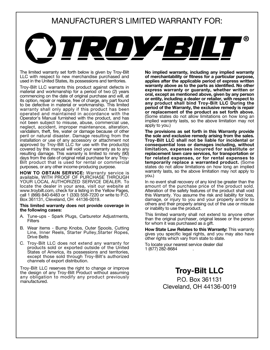 Troy-Bilt 769-00425A manual Troy-Bilt LLC 