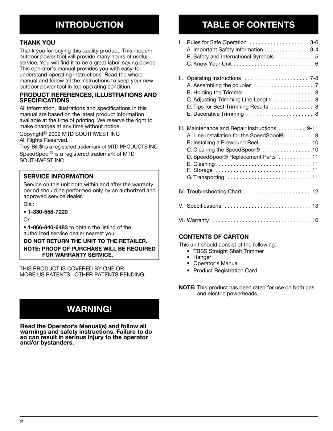 Troy-Bilt 769-00425A manual Introduction, Table of Contents 