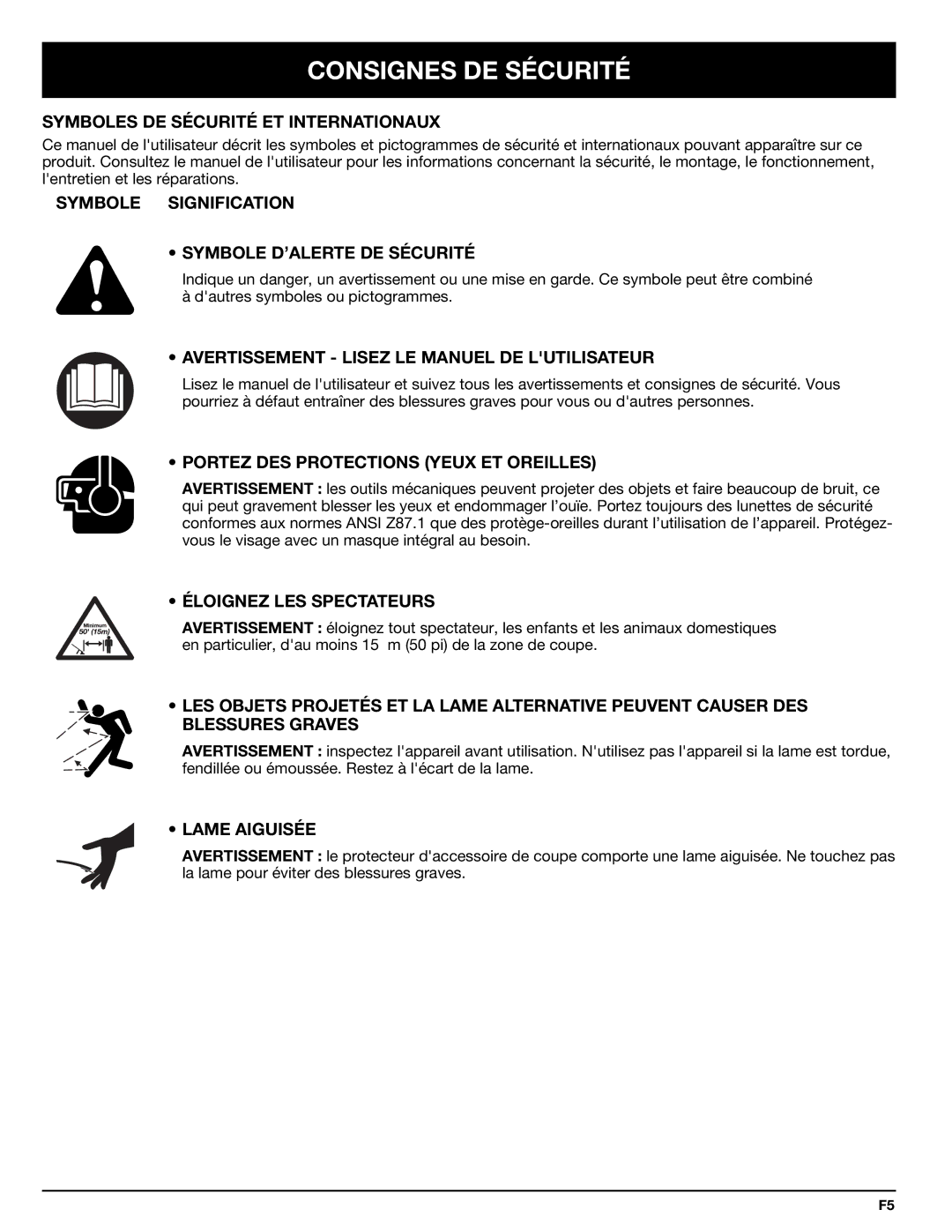 Troy-Bilt 769-00425A manual Symboles DE Sécurité ET Internationaux, Symbole Signification Symbole D’ALERTE DE Sécurité 