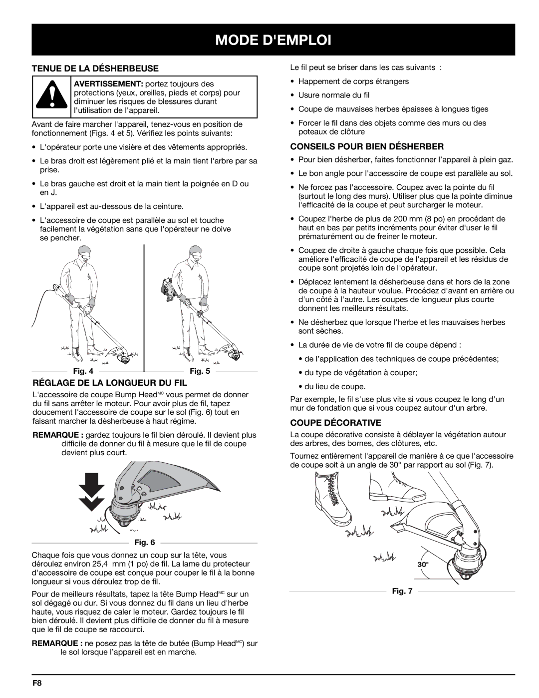 Troy-Bilt 769-00425A manual Tenue DE LA Désherbeuse, Réglage DE LA Longueur DU FIL, Conseils Pour Bien Désherber 