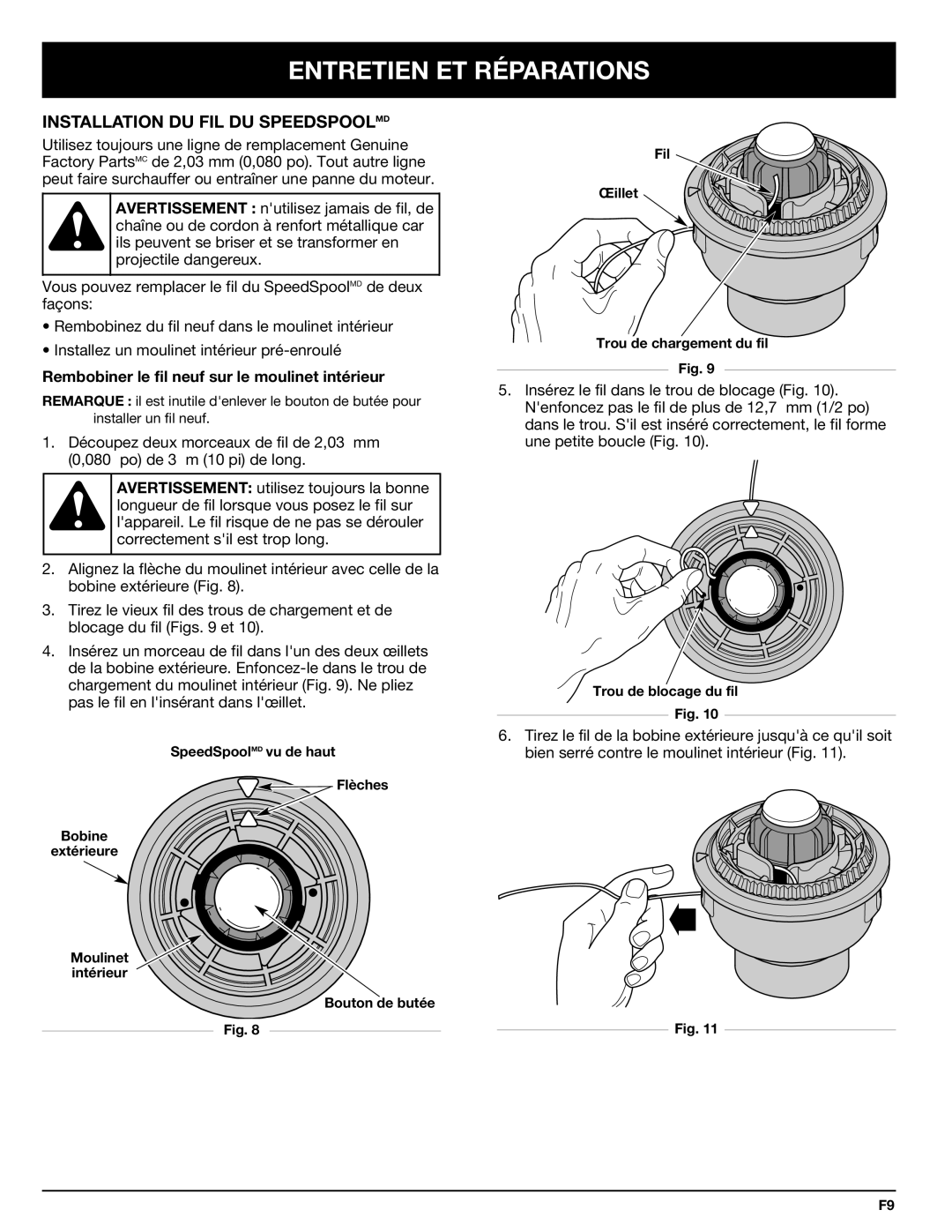 Troy-Bilt 769-00425A manual Entretien ET Réparations, Installation DU FIL DU Speedspoolmd 