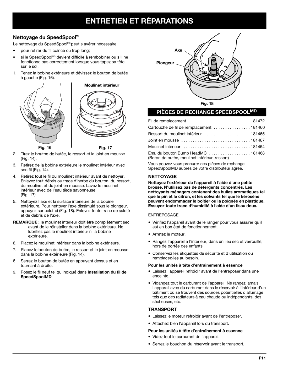 Troy-Bilt 769-00425A manual Nettoyage, Transport 