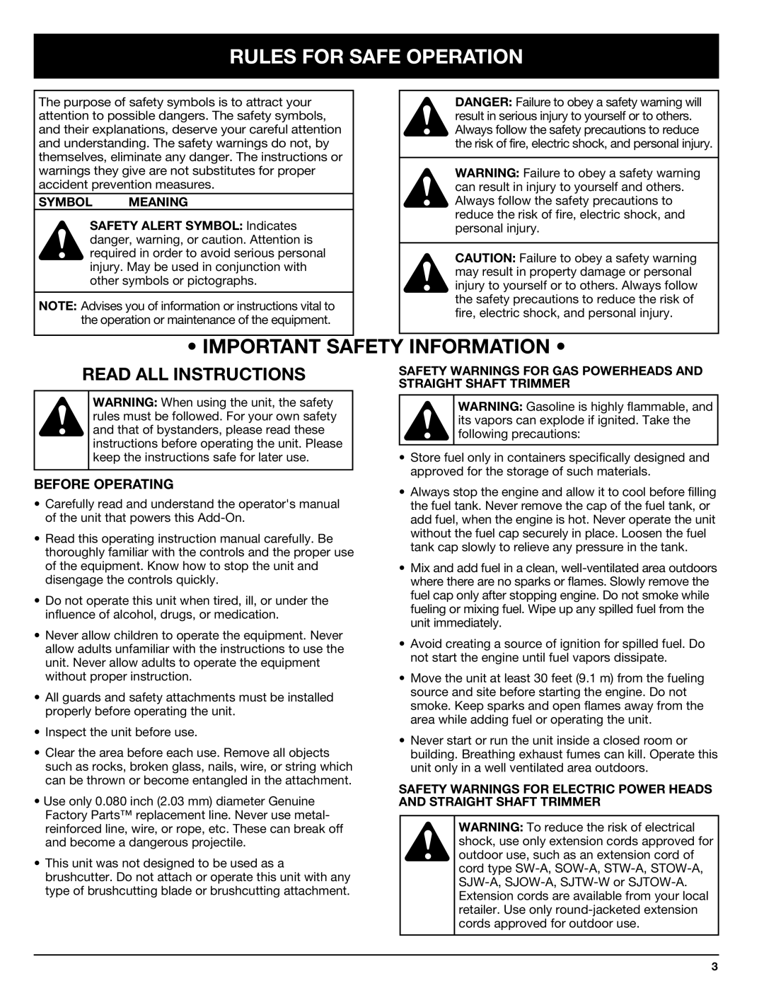 Troy-Bilt 769-00425A manual Rules for Safe Operation, Before Operating, Symbol Meaning 