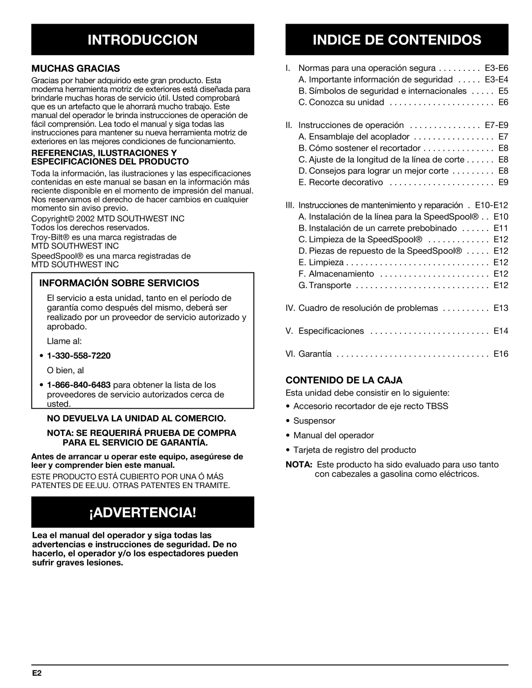 Troy-Bilt 769-00425A manual Introduccion, ¡Advertencia, Indice DE Contenidos 