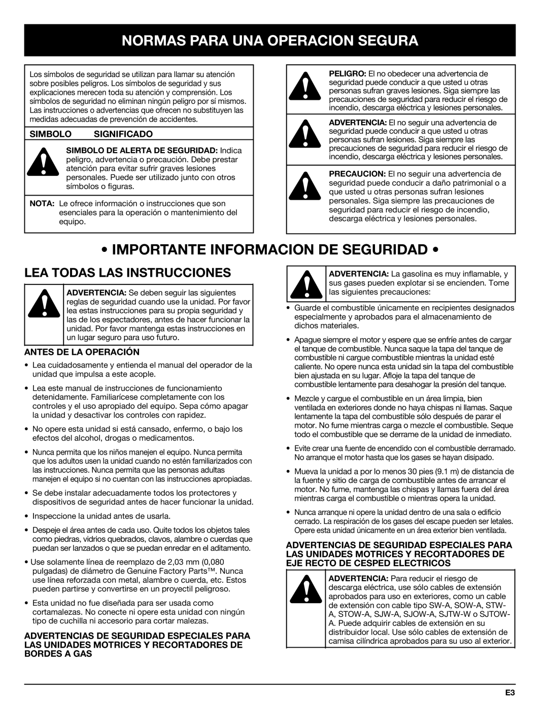 Troy-Bilt 769-00425A manual Normas Para UNA Operacion Segura, Simbolo Significado, Antes DE LA Operación 