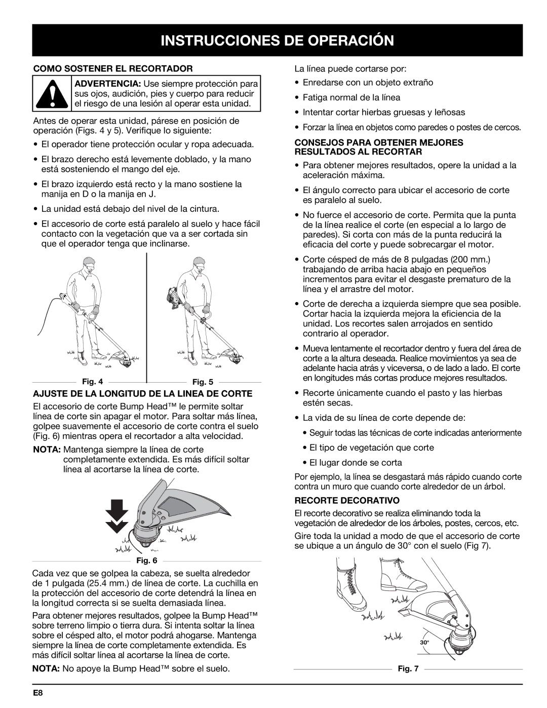 Troy-Bilt 769-00425A manual Como Sostener EL Recortador, Ajuste DE LA Longitud DE LA Linea DE Corte, Recorte Decorativo 