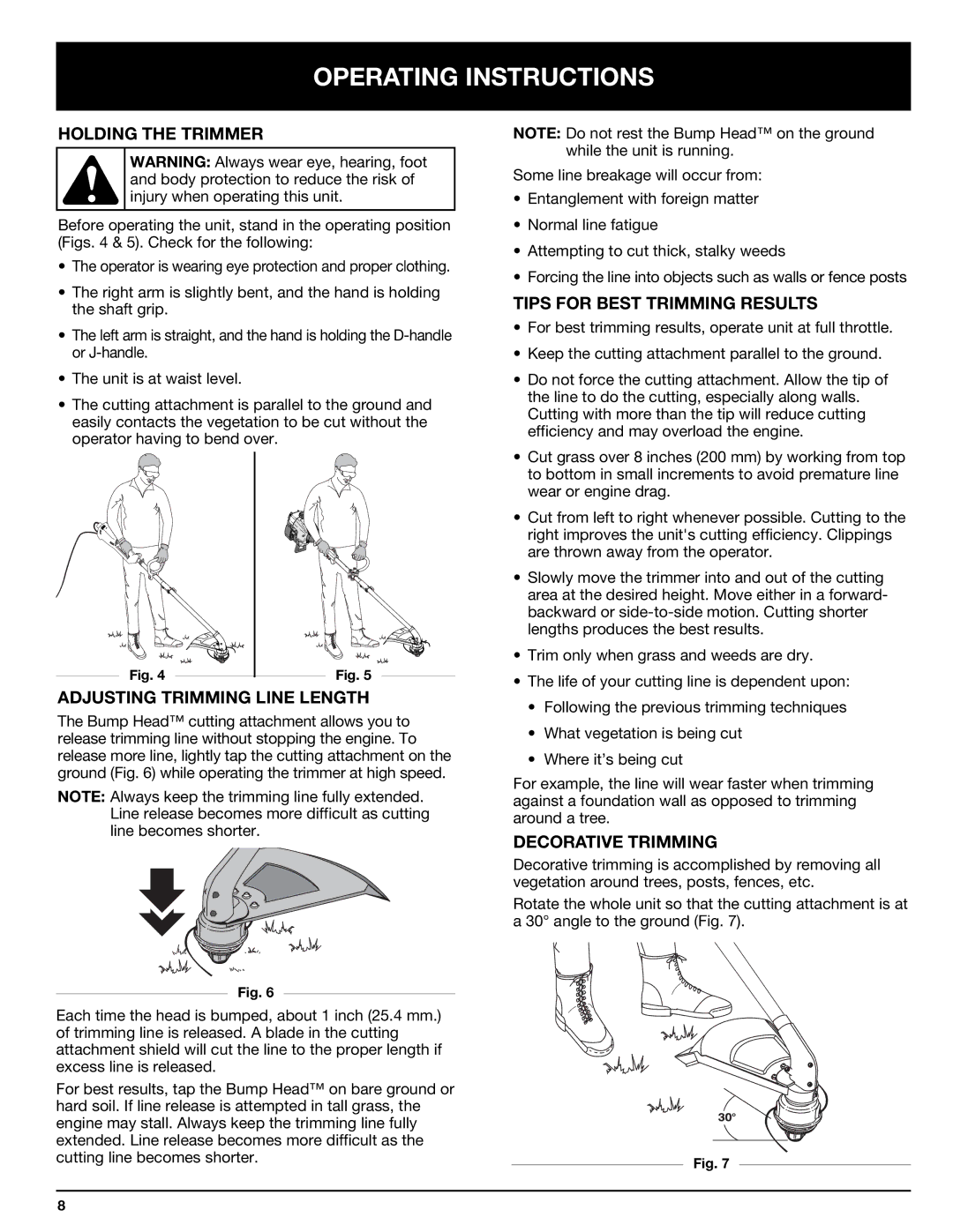 Troy-Bilt 769-00425A manual Holding the Trimmer, Adjusting Trimming Line Length, Tips for Best Trimming Results 