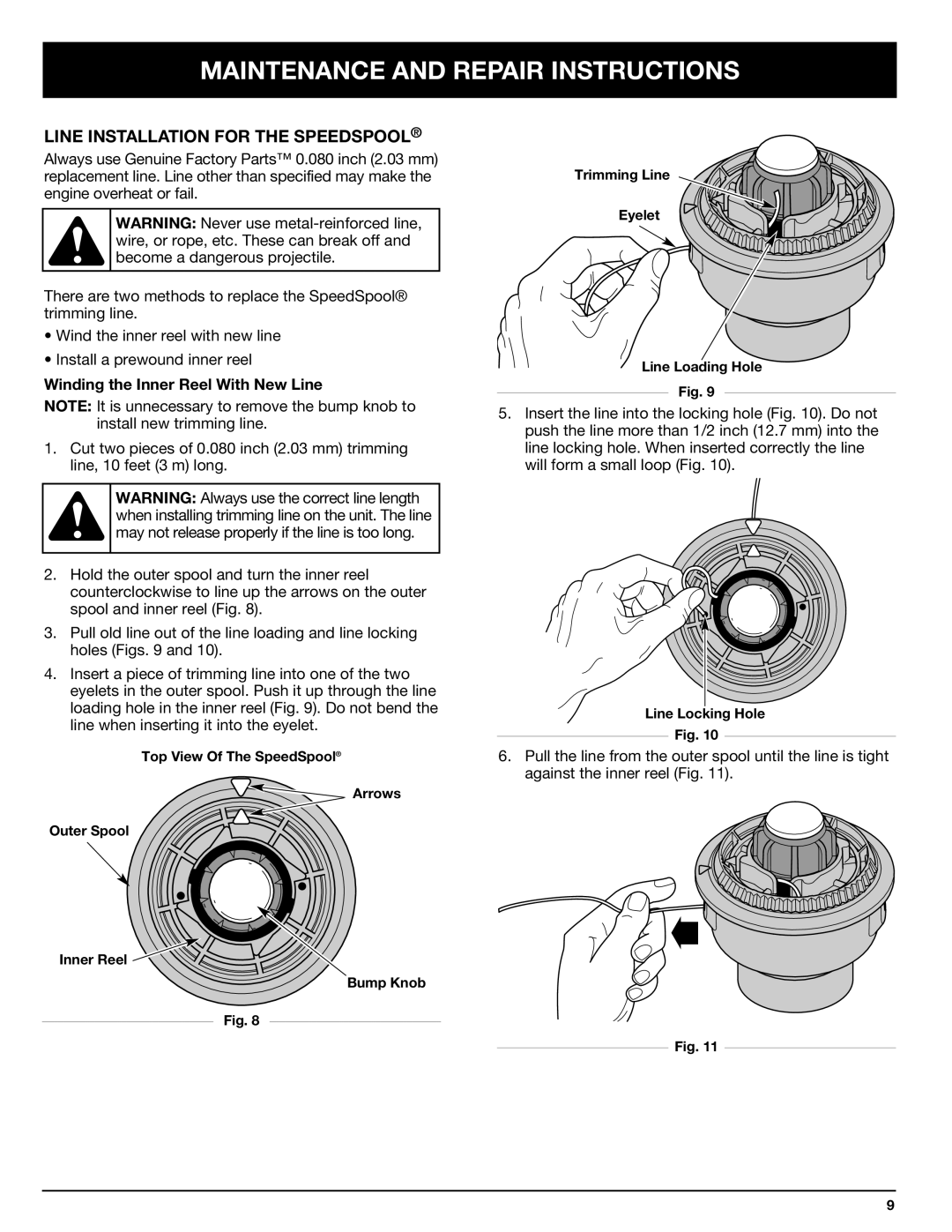 Troy-Bilt 769-00425A manual Maintenance and Repair Instructions, Line Installation for the Speedspool 