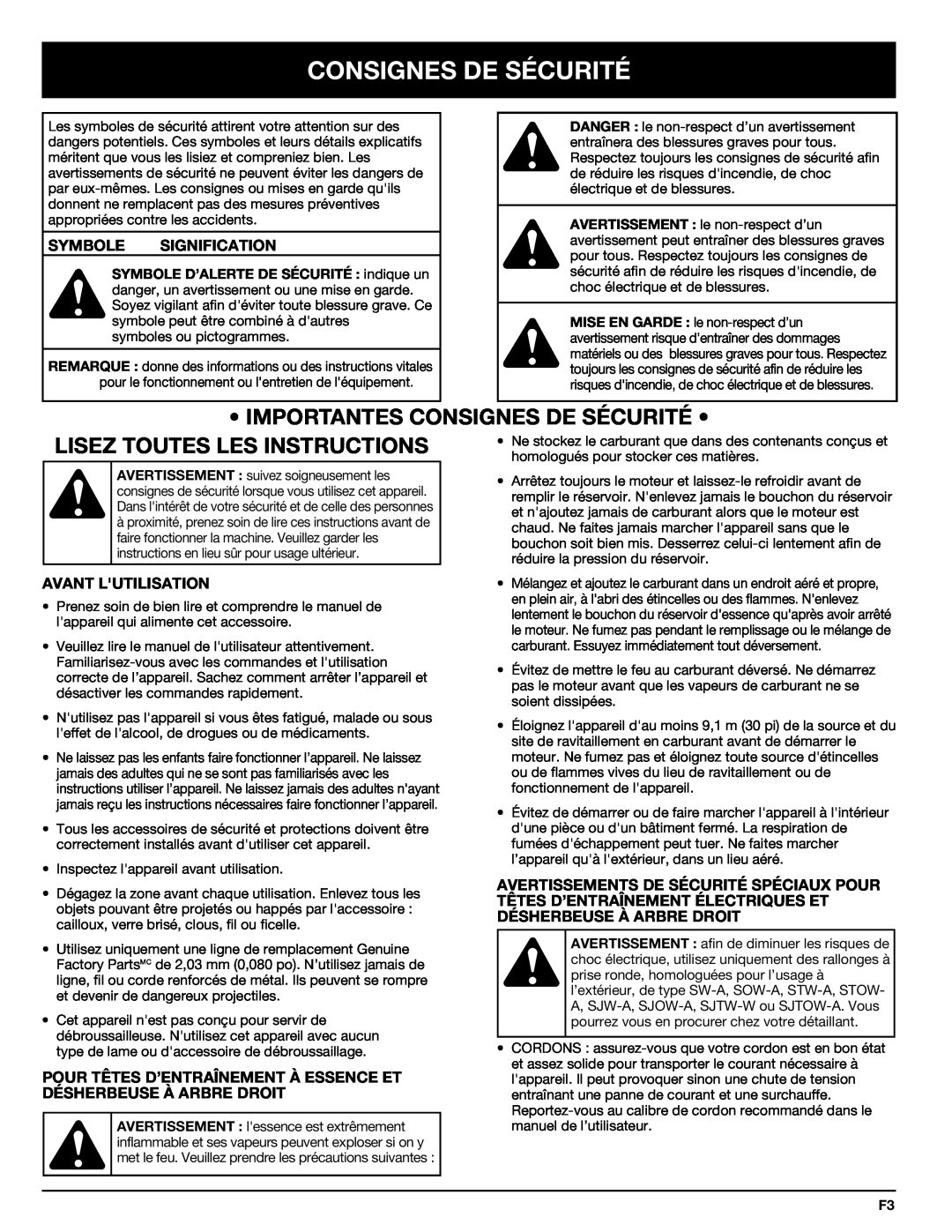 Troy-Bilt 769-00425A manual Importantes Consignes De Sécurité, Lisez Toutes Les Instructions, Symbole Signification 