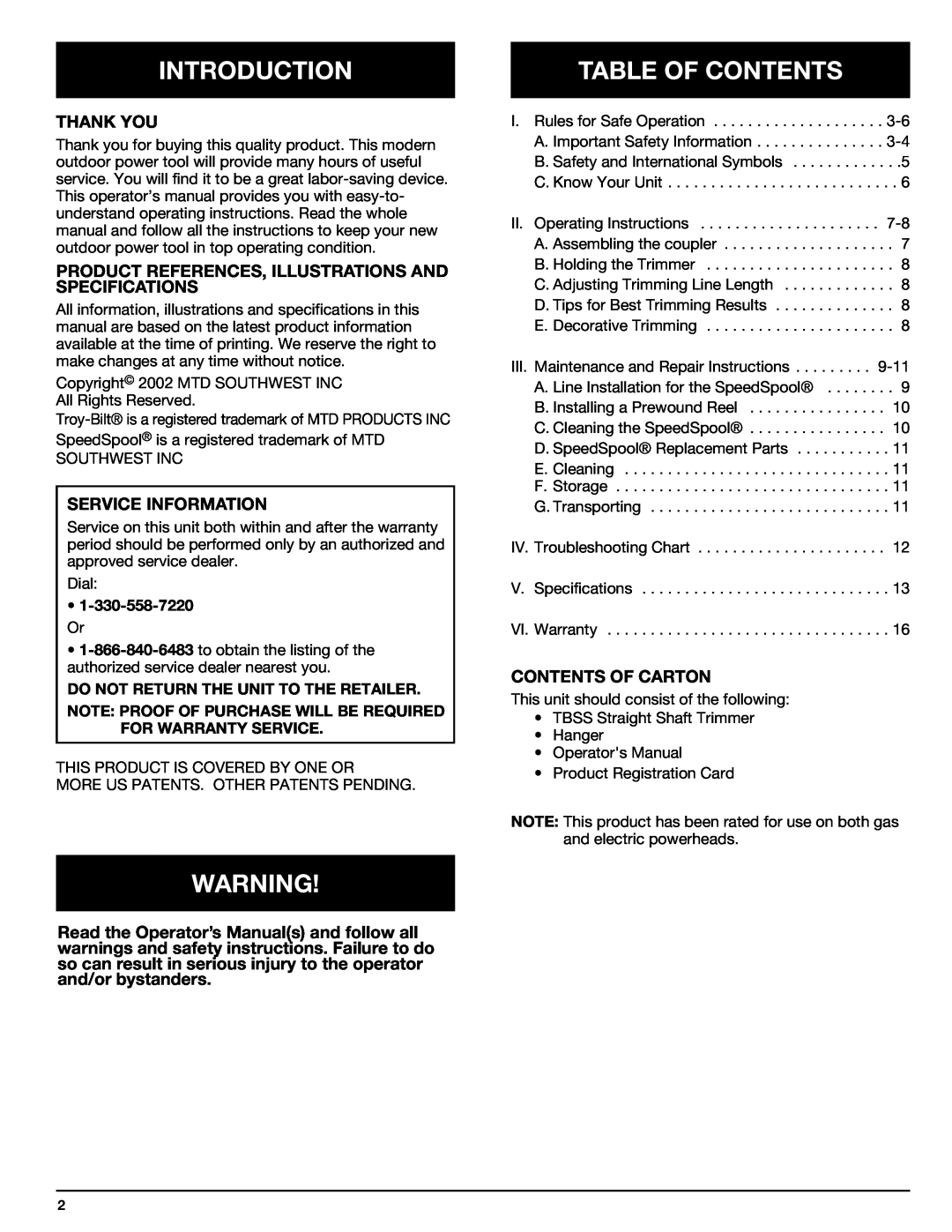 Troy-Bilt 769-00425A Introduction, Table Of Contents, Thank You, Product References, Illustrations And Specifications 