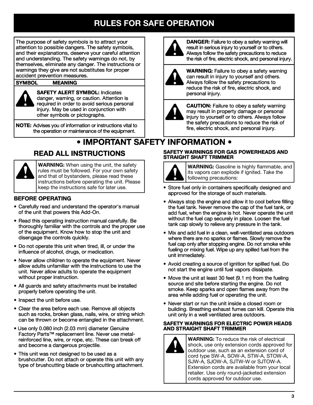 Troy-Bilt 769-00425A manual Rules For Safe Operation, Important Safety Information, Read All Instructions, Before Operating 