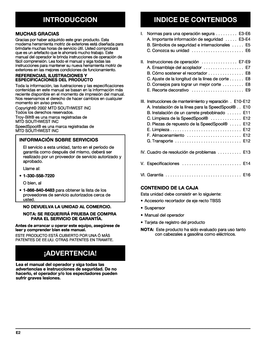 Troy-Bilt 769-00425A manual Introduccion, ¡Advertencia, Indice De Contenidos, Muchas Gracias, Información Sobre Servicios 
