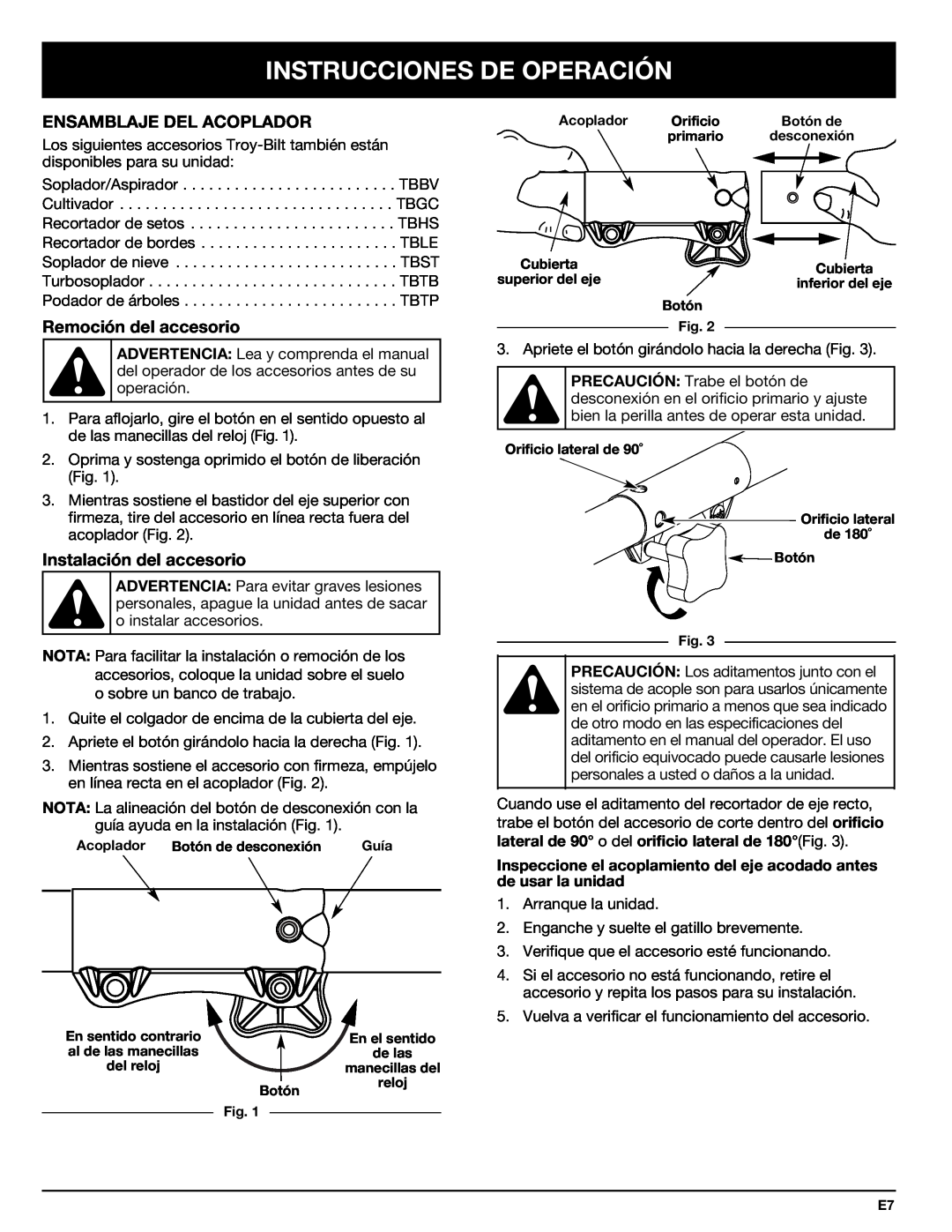 Troy-Bilt 769-00425A manual Instrucciones De Operación, Ensamblaje Del Acoplador, Remoción del accesorio 