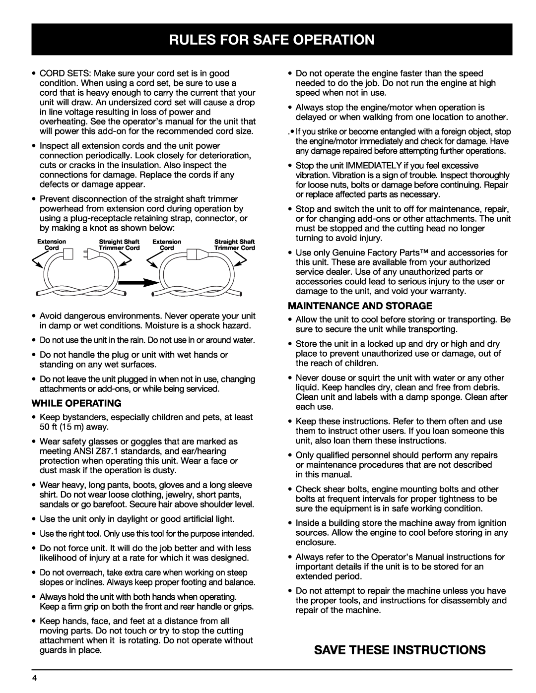 Troy-Bilt 769-00425A manual Save These Instructions, While Operating, Maintenance And Storage, Rules For Safe Operation 