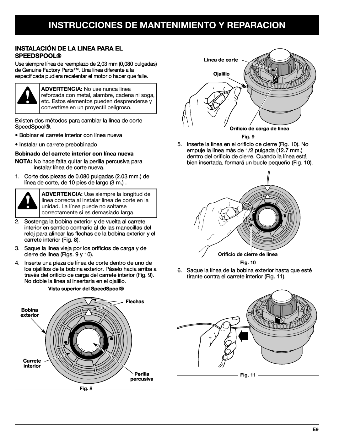 Troy-Bilt 769-00425A manual Instrucciones De Mantenimiento Y Reparacion, Instalación De La Linea Para El Speedspool 
