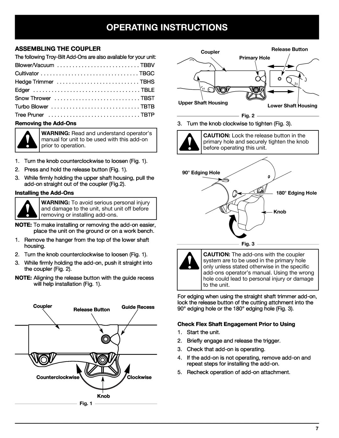 Troy-Bilt 769-00425A manual Operating Instructions, Assembling The Coupler, Removing the Add-Ons, Installing the Add-Ons 