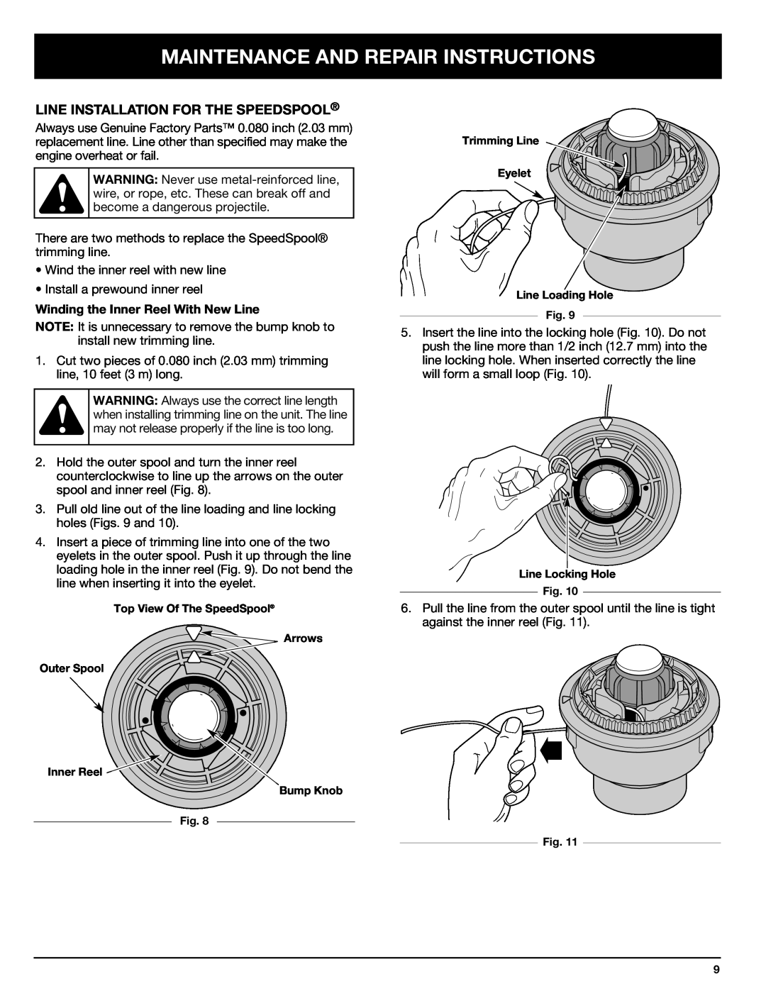 Troy-Bilt 769-00425A manual Maintenance And Repair Instructions, Line Installation For The Speedspool 