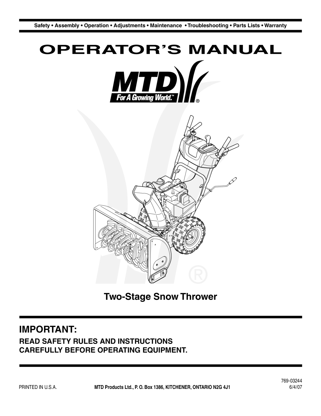 Troy-Bilt 769-03244 warranty Operator’S Manual, Two-Stage Snow Thrower, Read Safety Rules And Instructions 
