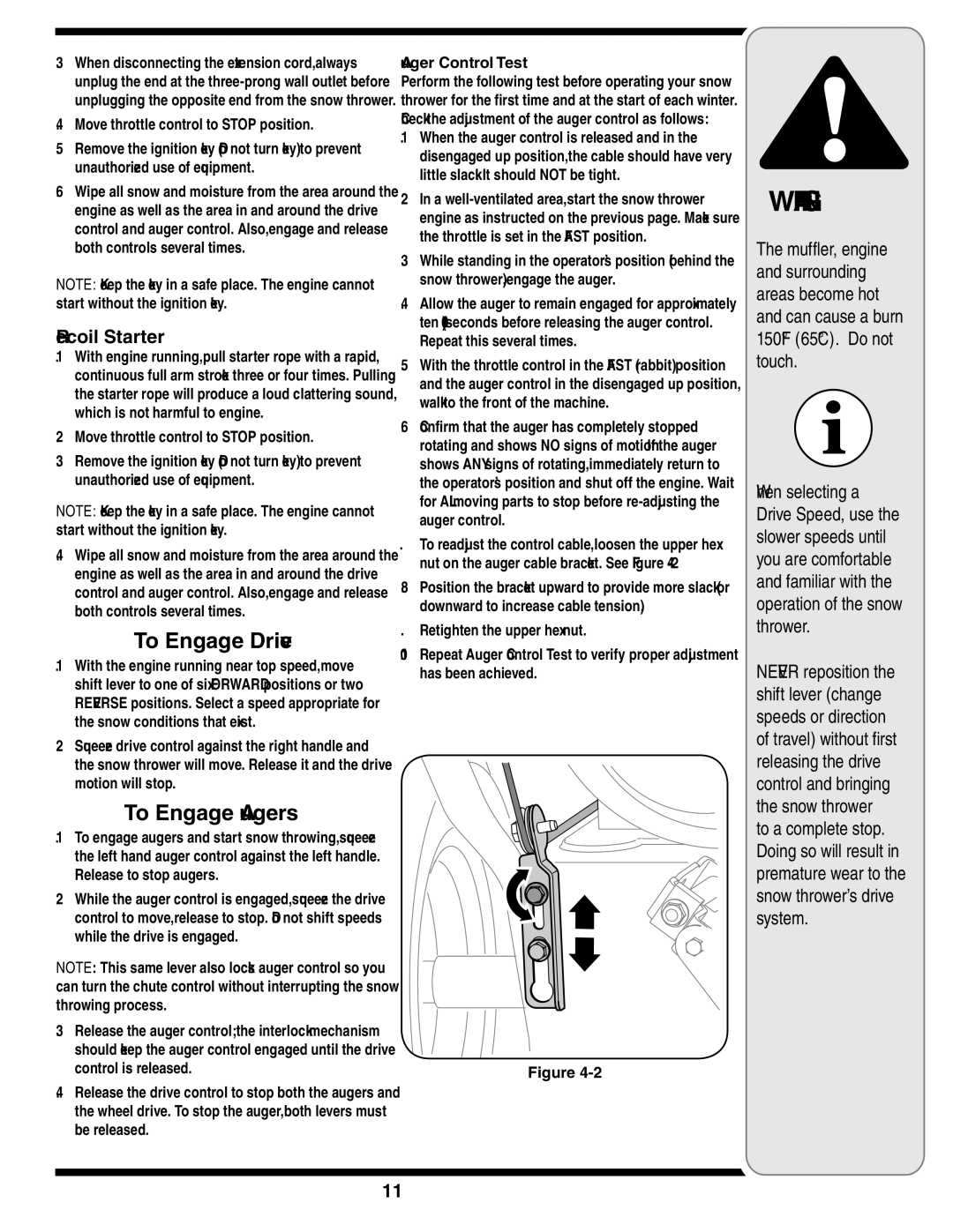 Troy-Bilt 769-03244 warranty To Engage Drive, To Engage Augers, Recoil Starter, Auger Control Test 