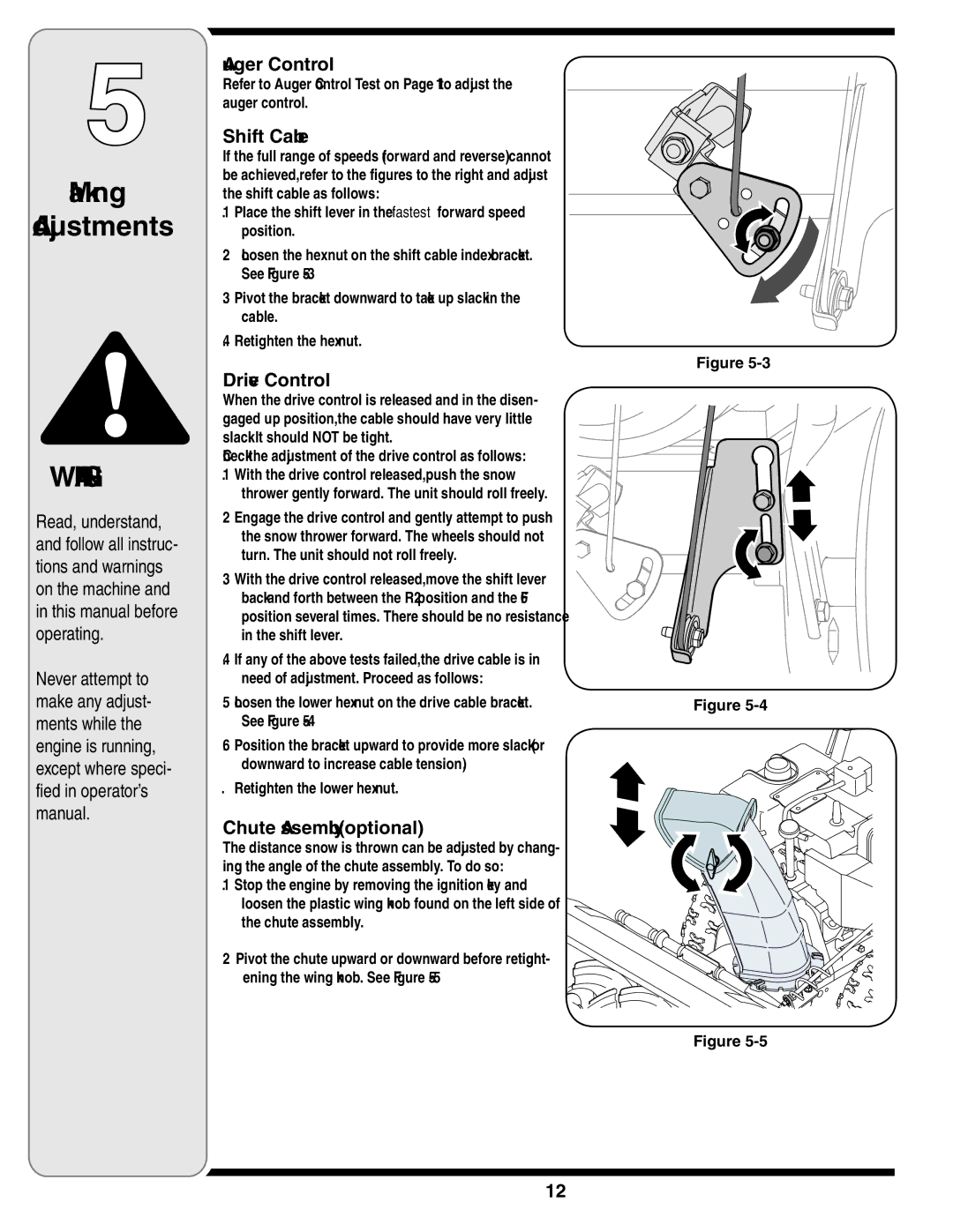 Troy-Bilt 769-03244 Making Adjustments, Shift Cable, Drive Control, Chute Assembly optional, Retighten the lower hex nut 