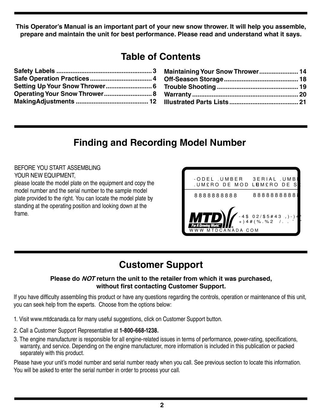 Troy-Bilt 769-03244 warranty Table of Contents, Finding and Recording Model Number, Customer Support 