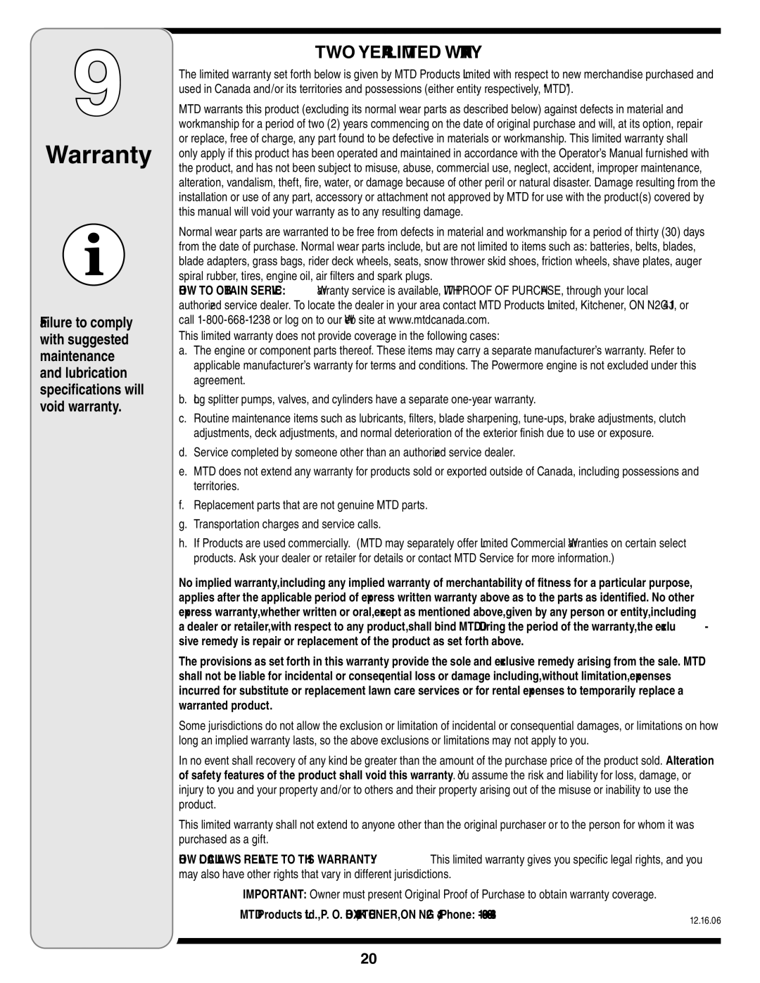 Troy-Bilt 769-03244 warranty TWO Year Limited Warranty 