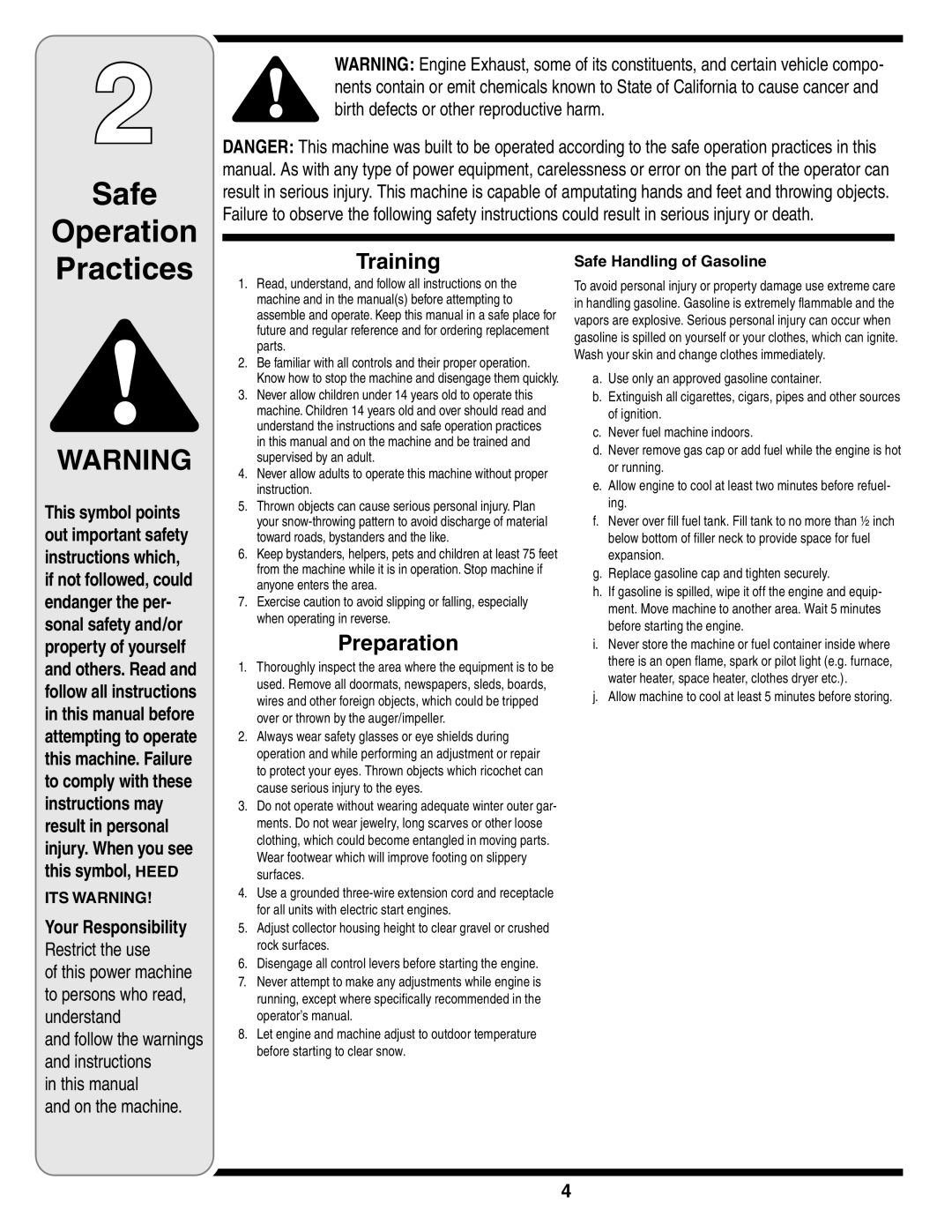 Troy-Bilt 769-03244 Safe Operation Practices, Training, Preparation, Your Responsibility, Safe Handling of Gasoline 