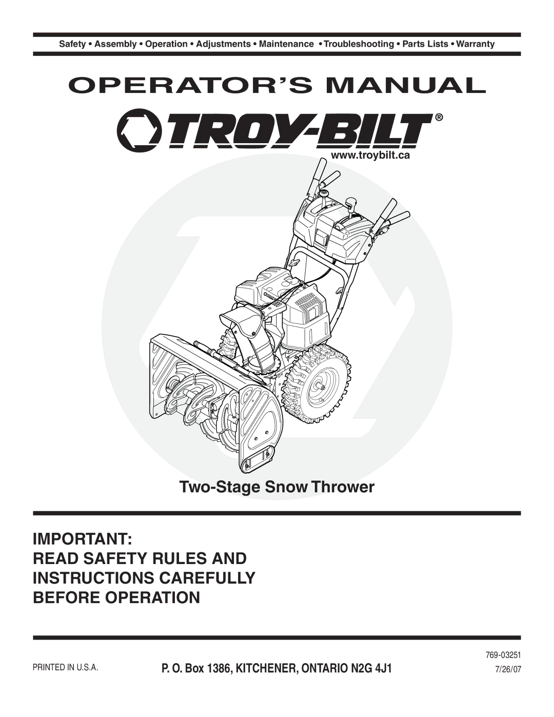 Troy-Bilt 769-03251 warranty OPERATOR’S Manual 