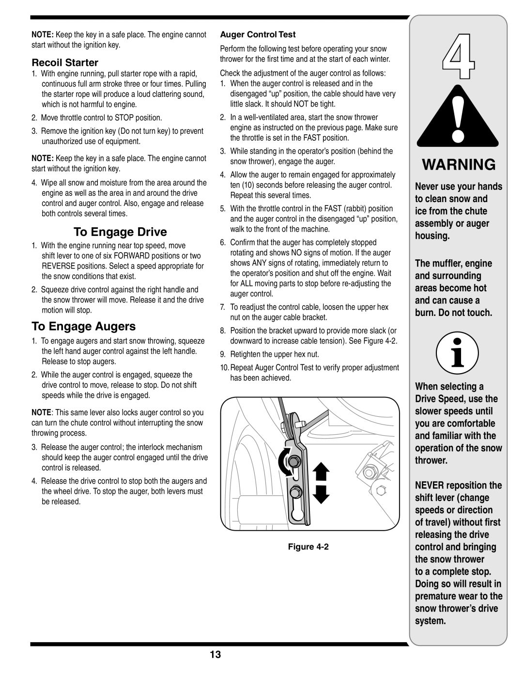 Troy-Bilt 769-03251 warranty To Engage Drive, To Engage Augers, Recoil Starter, Auger Control Test 