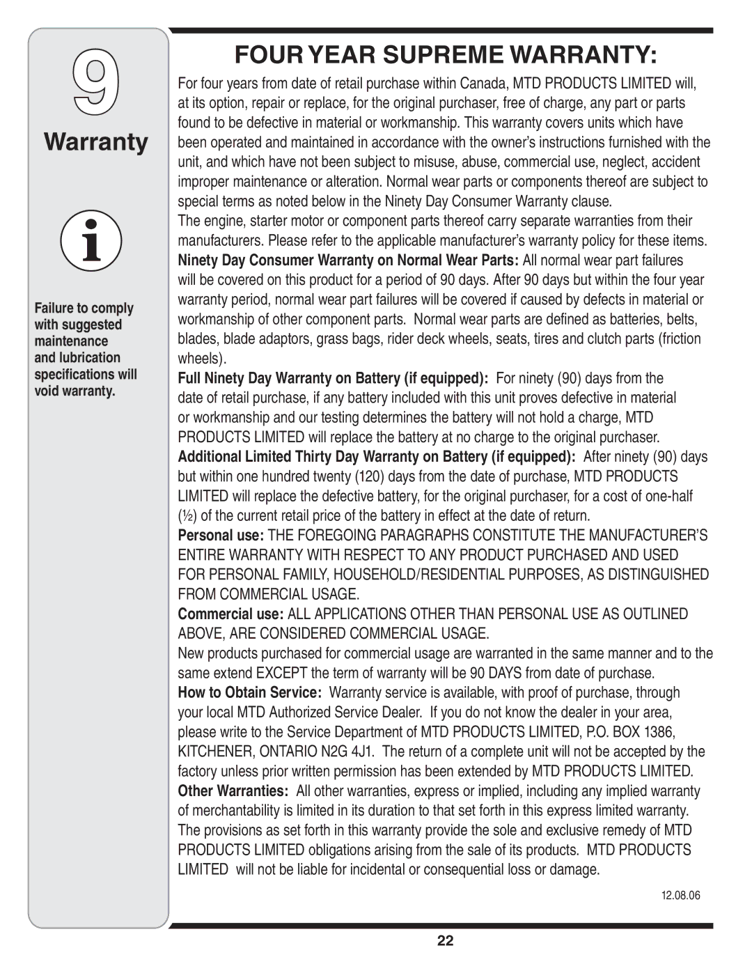 Troy-Bilt 769-03251 warranty Four Year Supreme Warranty 