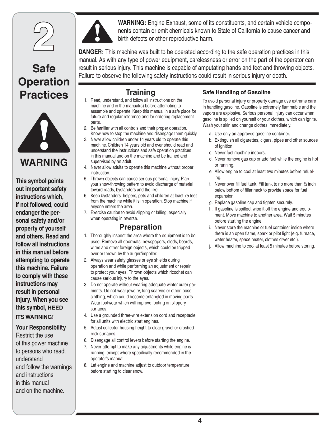 Troy-Bilt 769-03251 Safe Operation Practices, Training, Preparation, Your Responsibility, Safe Handling of Gasoline 