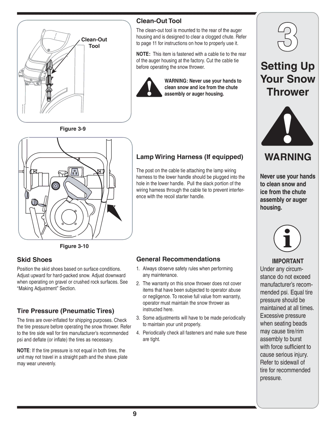 Troy-Bilt 769-03251 warranty Clean-Out Tool, Lamp Wiring Harness If equipped, Skid Shoes, Tire Pressure Pneumatic Tires 