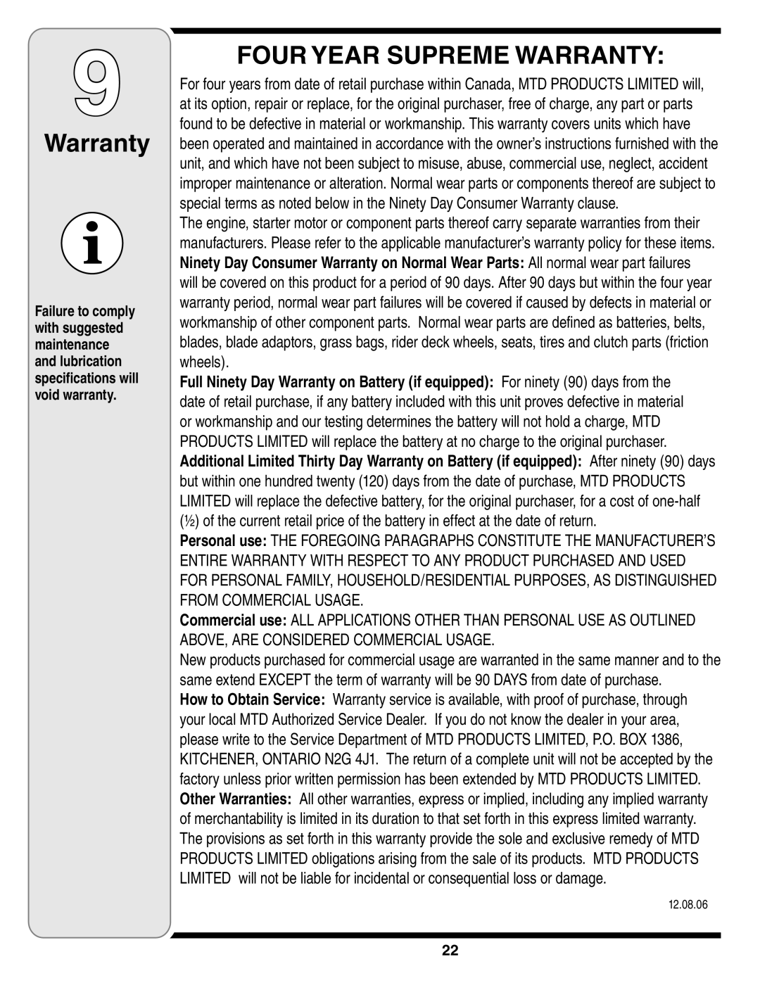 Troy-Bilt 769-03253 warranty Warranty, 12.08.06 