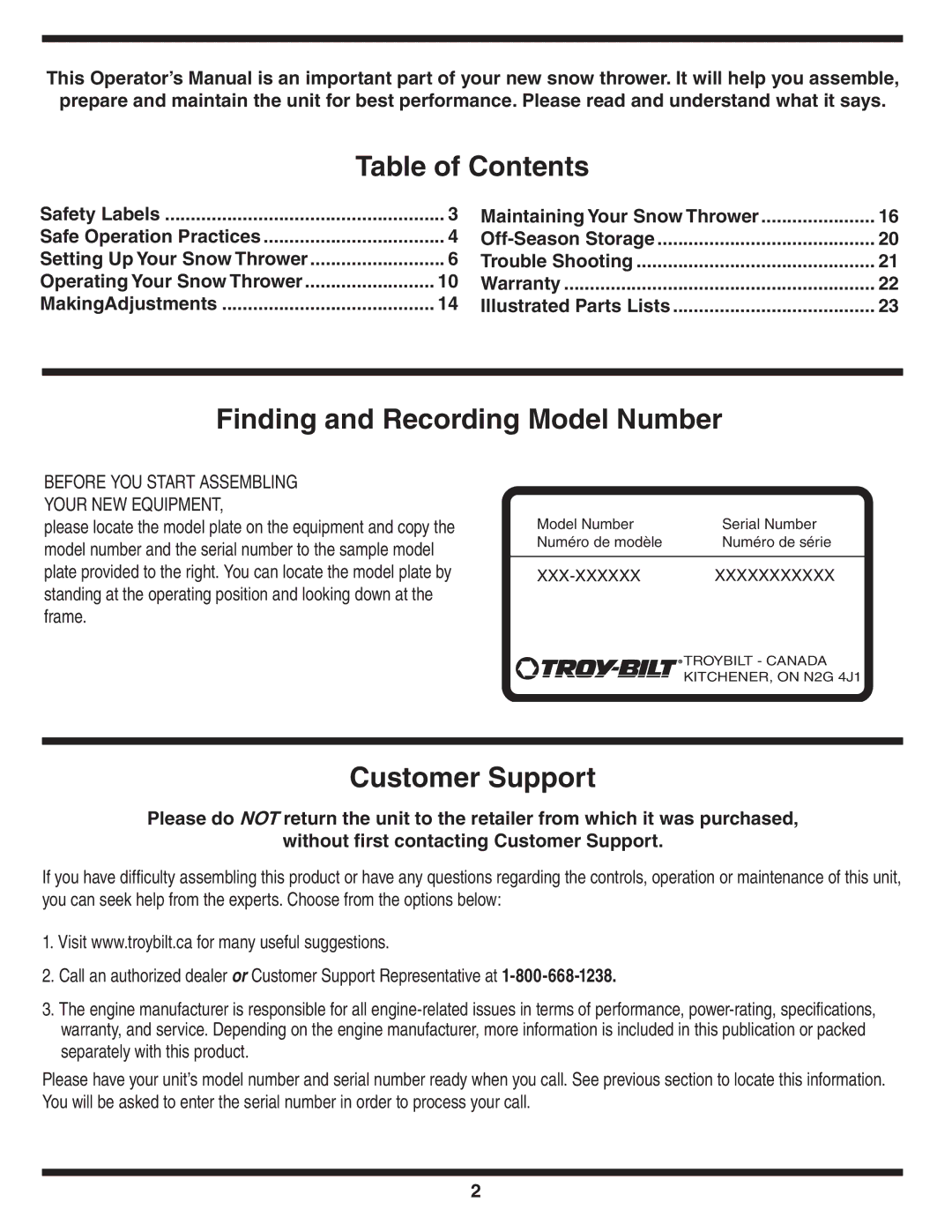 Troy-Bilt 769-03253 warranty Table of Contents, Finding and Recording Model Number, Customer Support 