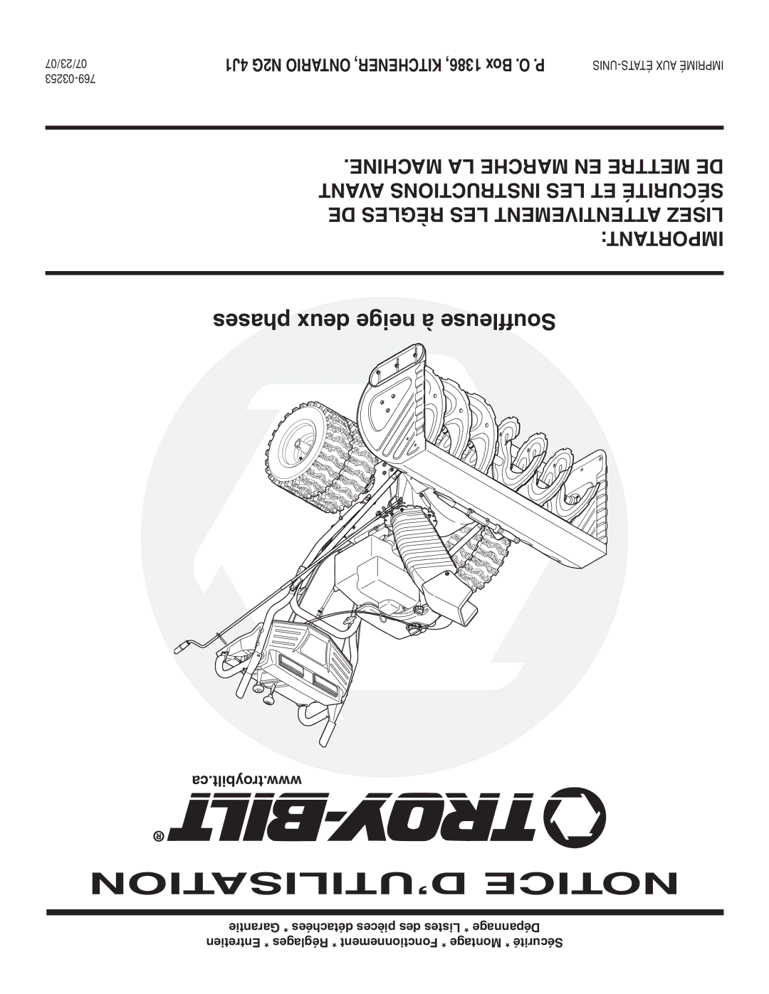 Troy-Bilt 769-03253 warranty Phases deux neige à Souffleuse, Ca.troybilt.www, 07/23/07 