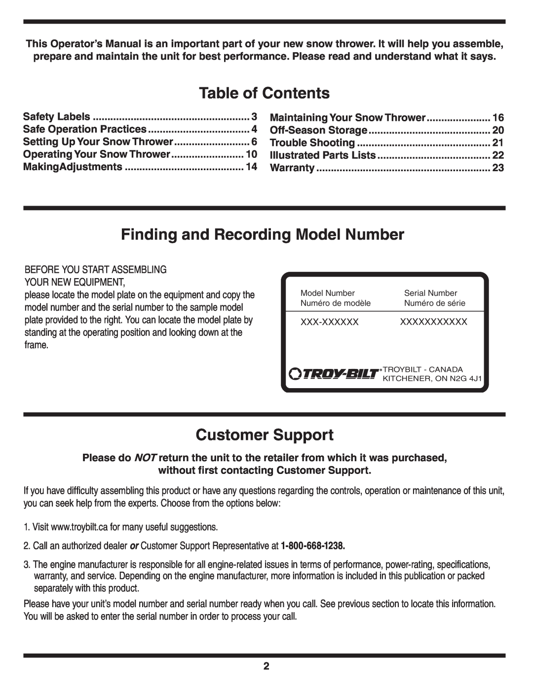 Troy-Bilt 769-03800 warranty Table of Contents, Finding and Recording Model Number, Customer Support 