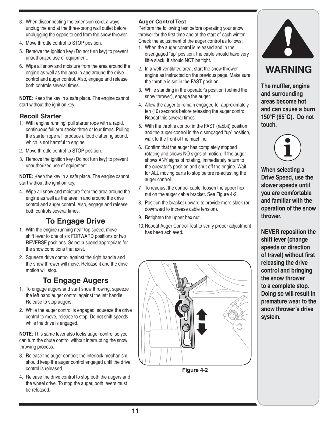 Troy-Bilt 769-03800 warranty To Engage Drive, To Engage Augers, Recoil Starter, Auger Control Test 