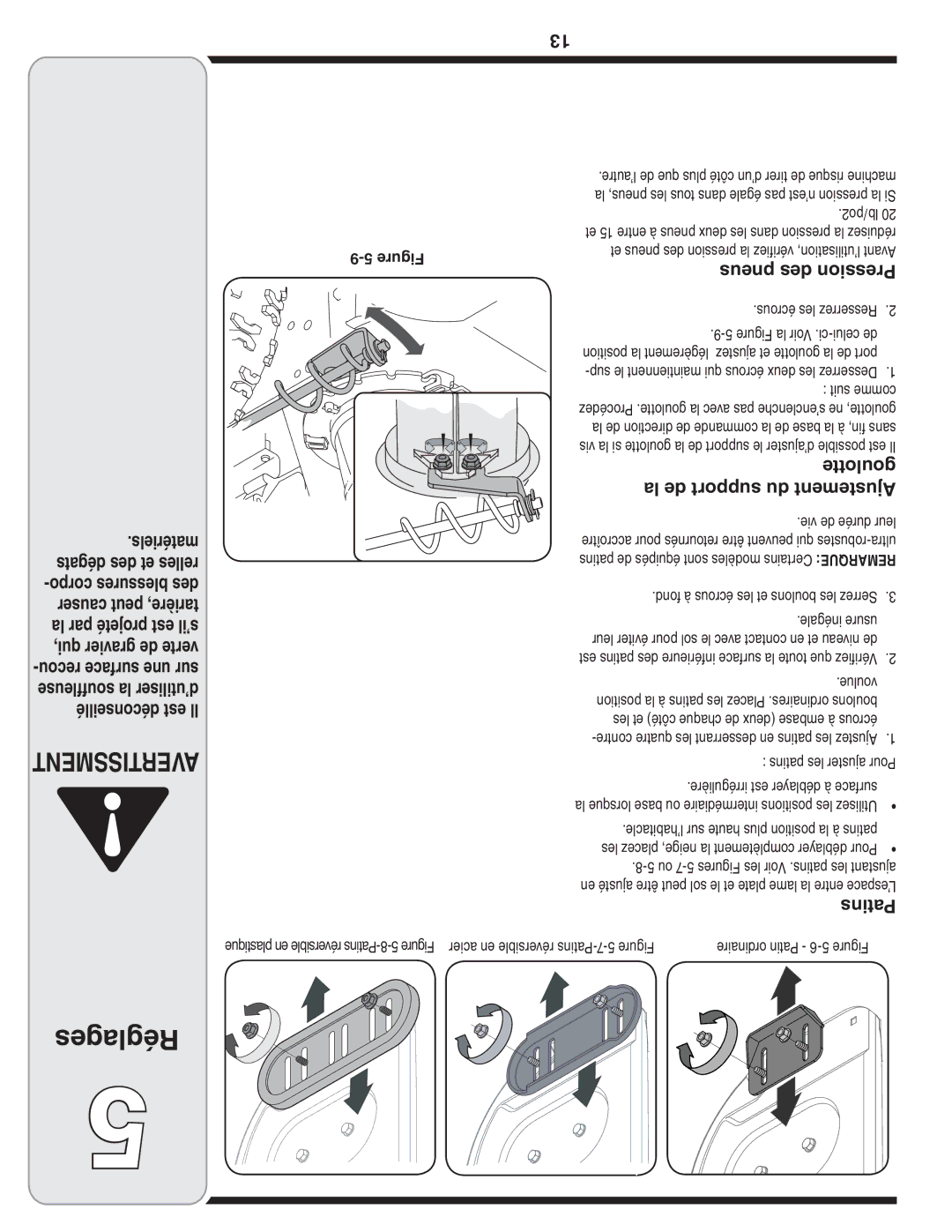 Troy-Bilt 769-03800 warranty Réglages, Goulotte, La de support du Ajustement, Patins, Pneus des Pression 